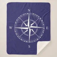 Nautical Navy Blue and White Sailing Ship Compass Sherpa Blanket