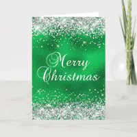 Silver Glitter Green Glass Foil Merry Christmas Card