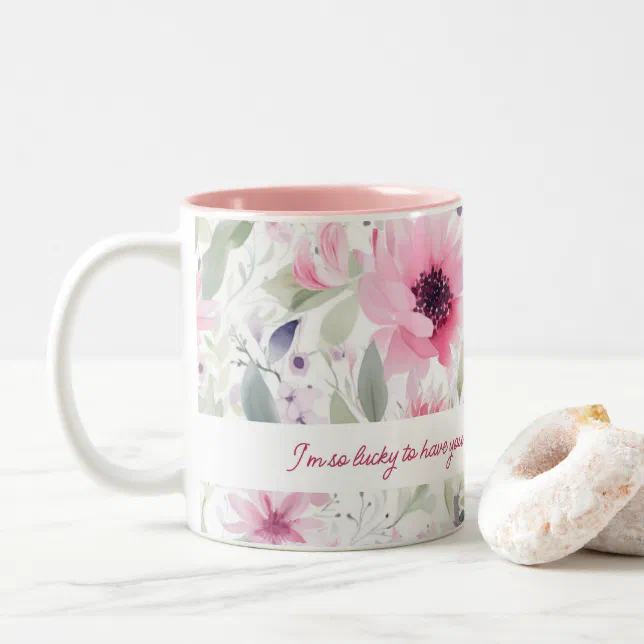 Pink Watercolor FLowers Pattern | Gift for Mom |   Two-Tone Coffee Mug