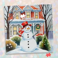 Cute Whimsical Snowman in the Suburbs Christmas Jigsaw Puzzle