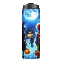 Witch and Clown looking at a Monster Halloween Thermal Tumbler