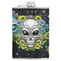 Extraterrestrial Alien Skulls and Flowers  Flask