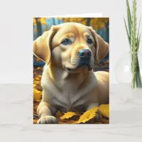 Yellow Lab Puppy Dog Playing in Fall Leaves Card