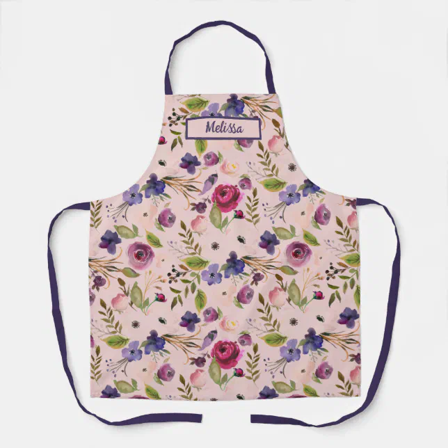 Lavender & Magenta Watercolor Roses & Violets Apron