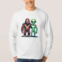 Extraterrestrial Alien Being and Bigfoot Pixel Art T-Shirt