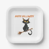 Black Cat on a Witch's Broom Happy Halloween Paper Plates