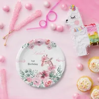 Watercolor Floral Giraffe Ribbon Girl Birthday  Paper Plates