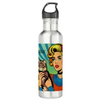 Cartoon Comic Pop Art Women and Cat  Personalized Stainless Steel Water Bottle