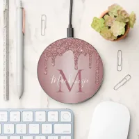 Pink Rose Gold Faux Glitter Drips Sparkle Monogram Wireless Charger