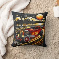 Hot rod racing at sunset city throw pillow