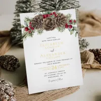 Elegant Winter Berries Pine Cone Christmas Wedding Foil Invitation