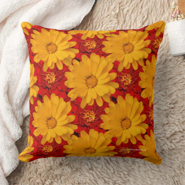 Beautiful Medley of Red Yellow Marigold Flowers Throw Pillow