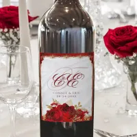 Elegant Script Monogram Red Floral Wedding Wine Label