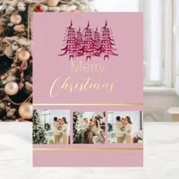 Festive Dusty pink red Christmas Pagoda Tree  Foil Foil Holiday Card