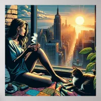 Woman Drinking Coffee at Sunrise in the City Poster