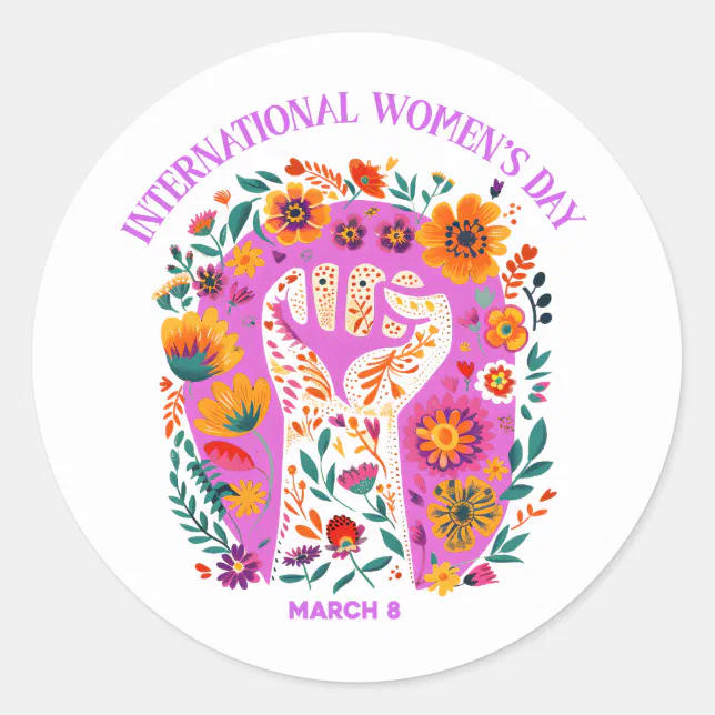 Powerful Floral Fist International Women's Day Classic Round Sticker