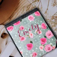 Vintage Pink Roses On Gold Teal Damask Custom Name Drawstring Bag