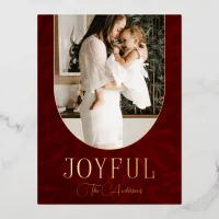 Red Gold Modern Botanical Arch Joyful Photo   Foil Holiday Postcard