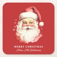 Retro Santa Red Personalized Name Christmas Square Paper Coaster