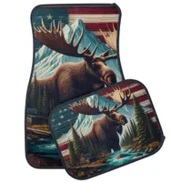 Majestic Moose Among Mountains and American Flags Car Floor Mat