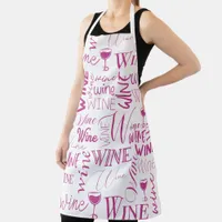 Hot Pink And White Wine Typography Pattern Apron