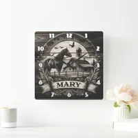 Horse Silhouette Near Barn With Sun Rays and Name Square Wall Clock