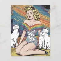 Woman in Space with White Cats Postcard