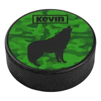 Modern Green Camo Black Wolf Silhouette Monogram | Hockey Puck