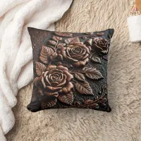 Elegant Bronze Roses on Intricate Leather Throw Pillow