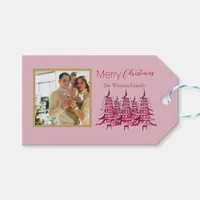 Dusty pink red Pagoda Merry Christmas Tree 1-Photo Gift Tags