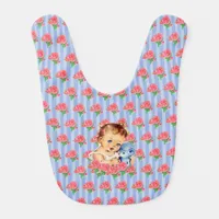 Blue and PInk Roses Vintage Baby Girl Bib