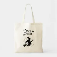 trick or treat the flying witch halloween tote bag