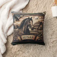 Horse Portrait With Barn and Eagles at Dusk Throw Pillow