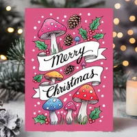 Mushroom Merry Christmas Pink Holiday Card