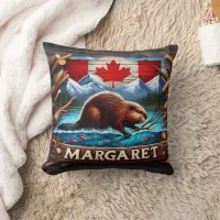 Canadian Beaver Swimming Near Mountains and Forest Throw Pillow