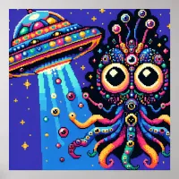 UFO and Alien Pixel Art Poster