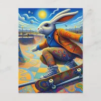 Skateboarding Surreal Colorful and Fun Rabbit Postcard