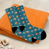 Stylish Teal Orange Blue Swimming Fish Patterned  Socks