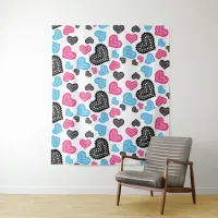 Girly Stylish Chic Pink Black Turquoise Hearts Tapestry