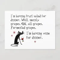 Wine for Dinner Funny Wine Quote with Cat Postcard