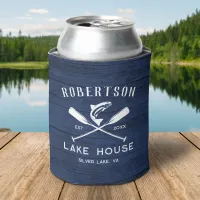 Rustic Family Name Lake House Navy Blue Wood Can Cooler