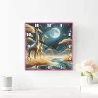 Giraffes under Africa’s full moon Square Wall Clock