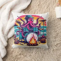 Octopus Playing Drums on Beach at Sunset Throw Pillow