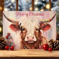 Moo-ry Christmas Watercolor Highland Cow Holiday Card