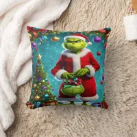 The Grinch wraps gifts under festive decorations Throw Pillow