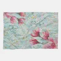 Artsy Magnolia Flowers On Vintage Crumpled Paper  Kitchen Towel