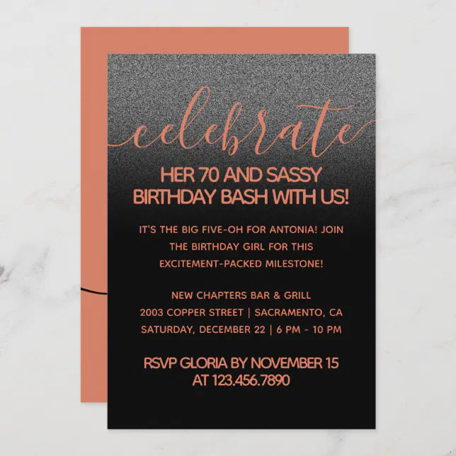 Modern Girly Copper 70 and Sassy Invitation