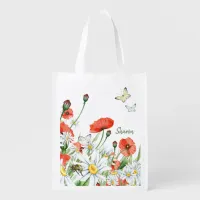 Poppies, Wildflowers, and Butterflies Floral Grocery Bag