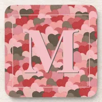 Valentines Paper Hearts Faux Camouflage Monogram Beverage Coaster