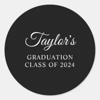 Black and White Stylish Script Graduation Classic Round Sticker